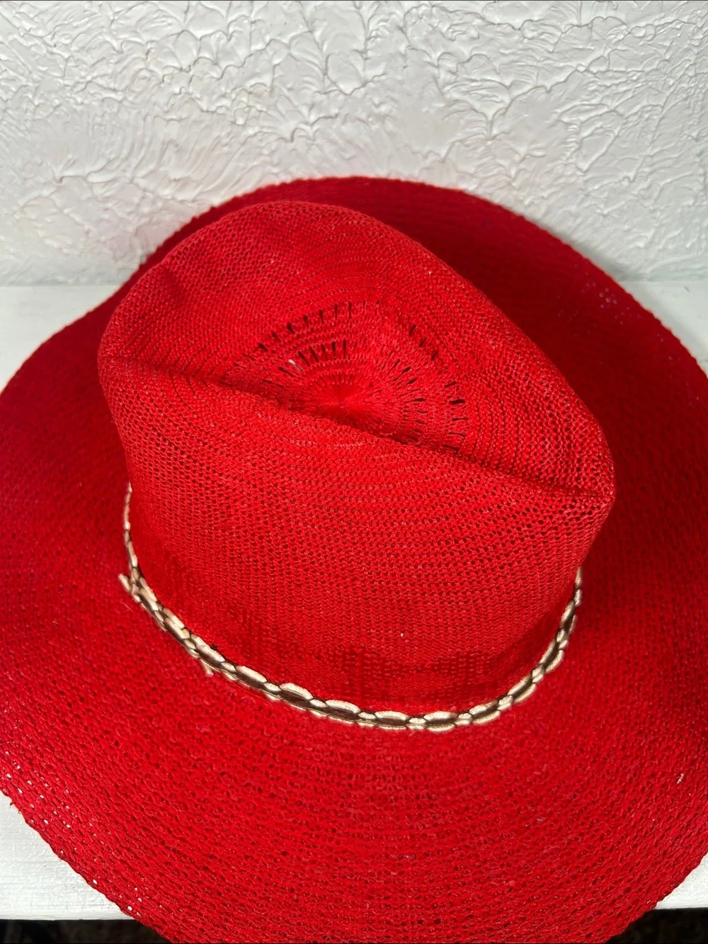 Red Woven Knit Cowboy Hat with Gold Ribbon Accent Chin Strap Summer Western Hat - Picture 7 of 11